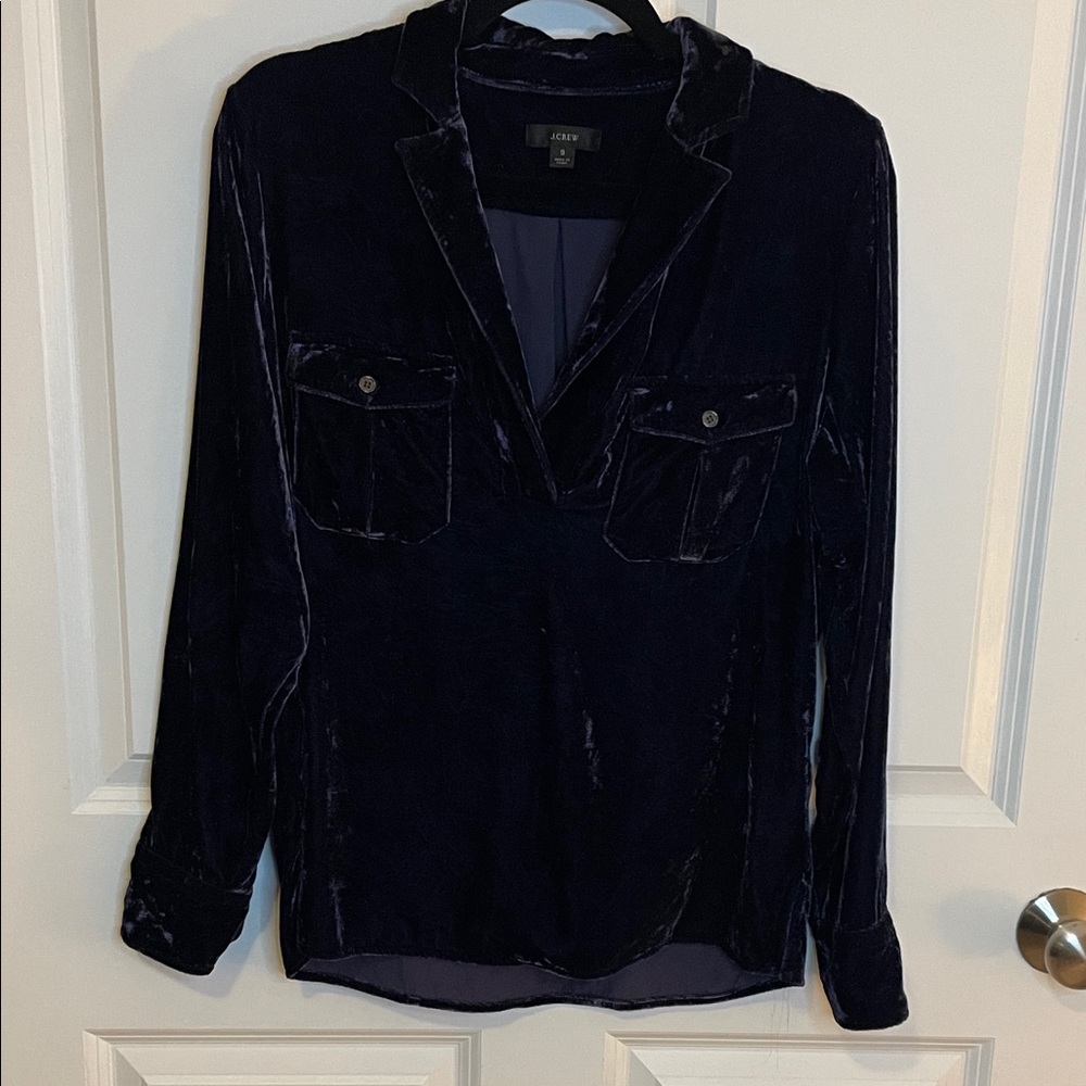 J.Crew crushed stretch Velvet Utility Popover Blouse midnight Blue women’s SM